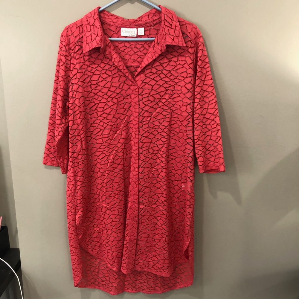 Attitudes by Renee Tunic Top Womens 1X Red Great Lace Button Front High Low